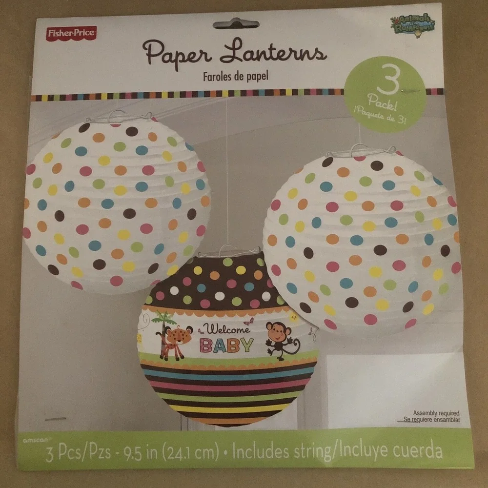 3 FISHER-PRICE Animals Rainforest PAPER LANTERNS Baby Shower Decor Monkey Lion